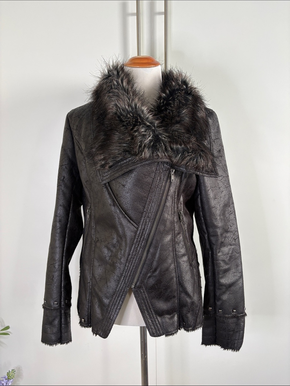Fabulous Faux Fur Trim Black Moto Jacket M